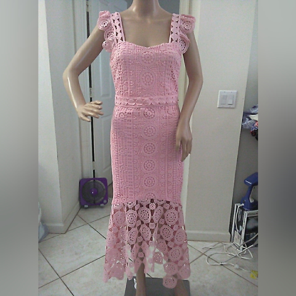 NWT MADIDA Chic Pink LACE Midi Dress "GABRIELLE" LINED SIMPLY BEAUTIFUL SZ. SM